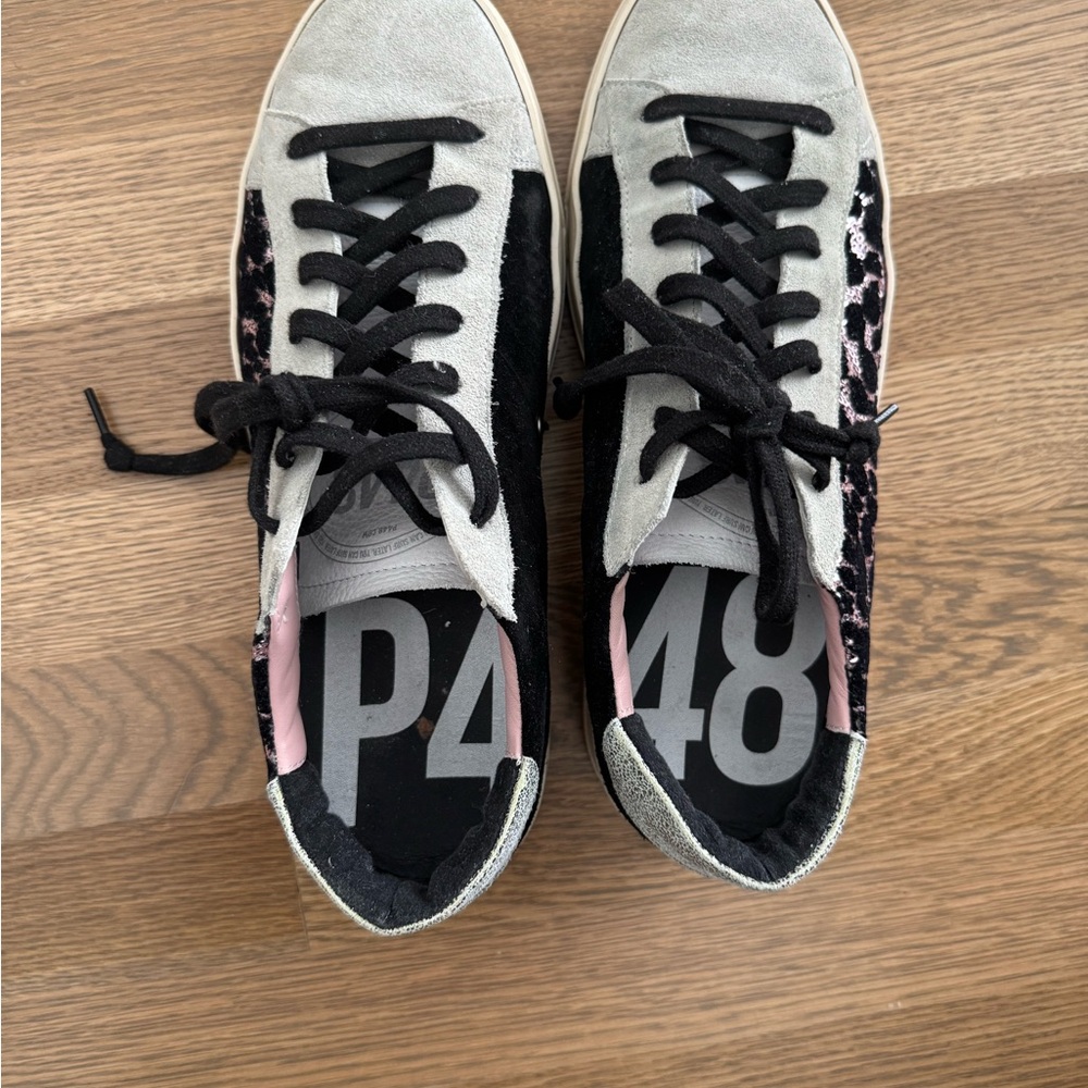 P448 Women's Grey and Black Sneakers with Leopard and Pink Trim